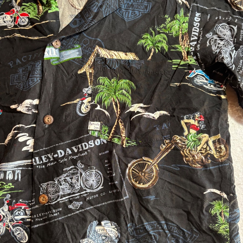 Harley Davidson Boys Hawaiian Button Up Shirt Black Motorcycles Palm Trees Aloha - Picture 2 of 8